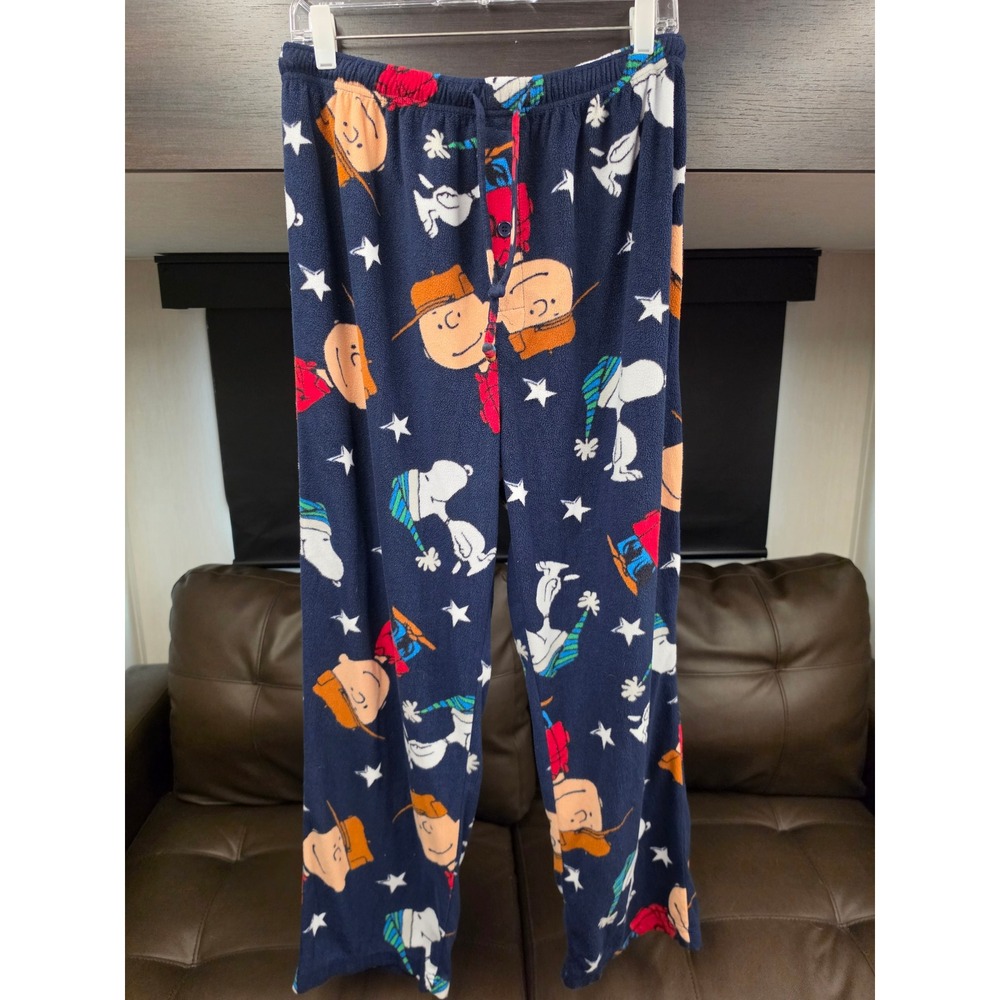 Peanuts Snoopy Charlie Brown Fleece Pajama Pants Navy Blue Stars Mens XL